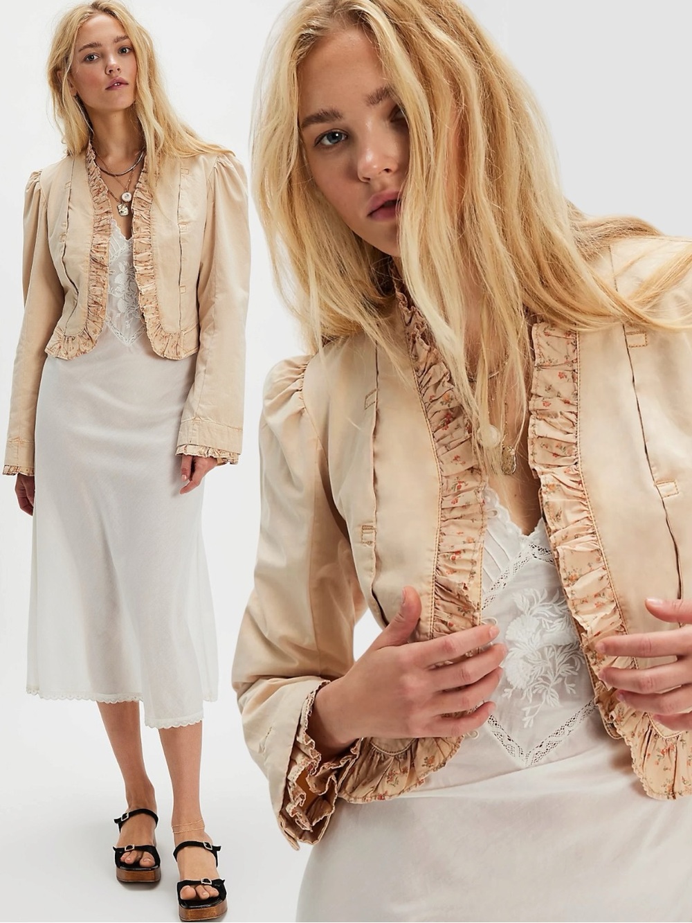 Free People Edwardian Military Cottage Floral Ruffle Bennet Jacket Neutral Large